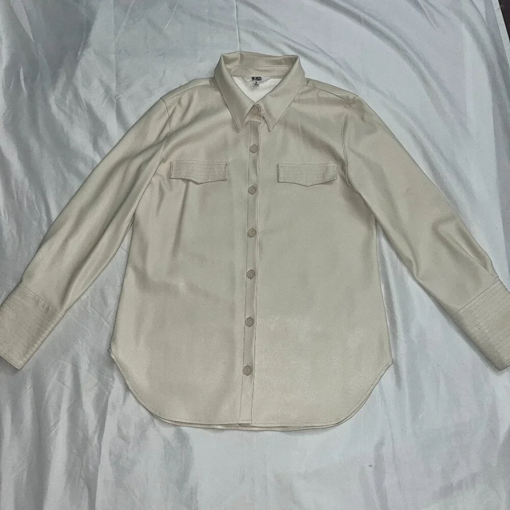 Faux Leather Button-Up Shirt Oatmeal /Cream Small - Picture 4 of 7
